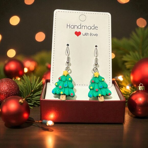 Handmade Christmas Tree Earrings | Polymer Clay Holiday Jewelry - Picture 6 of 7